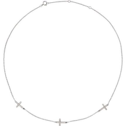 14K White 1/4 CTW Natural Diamond 3-Station Cross 16-18” Necklace