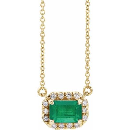 14K White 6x4 mm Emerald French-Set Halo-Style Necklace Center