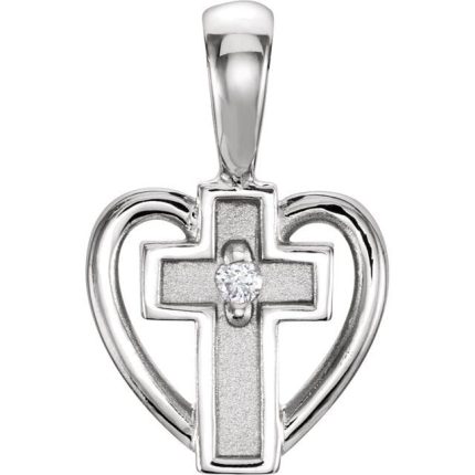 14K Yellow .01 CT Natural Diamond Cross & Heart Pendant