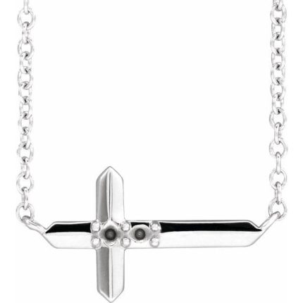 14K White 3-Stone Family Sideways Cross 18" Necklace Mounting