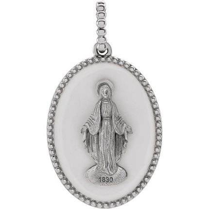 14K White Black Enamel Miraculous Medal Pendant