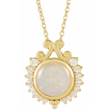 14K White Natural White Opal & 1/6 CTW Natural Diamond Pendant