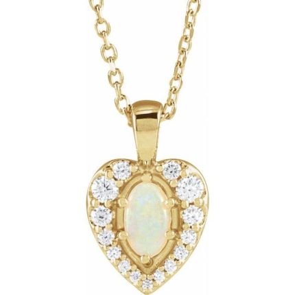 14K Yellow Natural White Opal & 1/8 CTW Natural Diamond Pendant