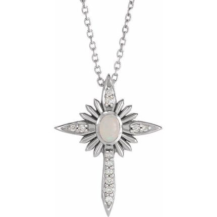 Sterling Silver Natural White Opal & .06 CTW Natural Diamond Nativity Cross 16-18" Necklace