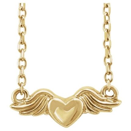 14K Yellow Heart with Angel Wings Necklace Center