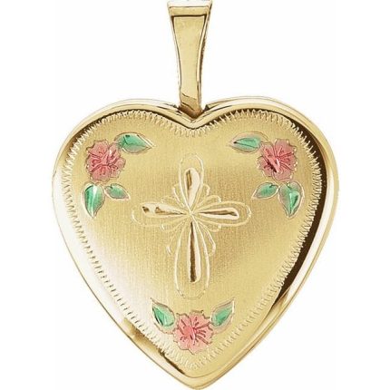 Sterling Silver 21.4x15.8 mm Tri-Color Cross & Roses Locket