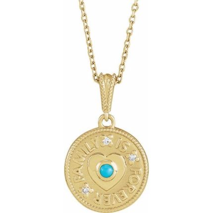 14K Yellow Cabochon Natural Turquoise & .02 CTW Natural Diamond Family is Forever Pendant