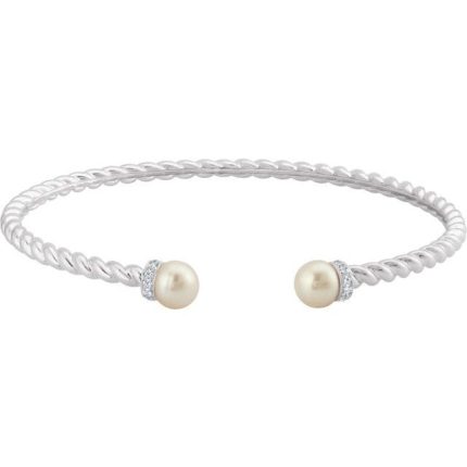 14K Yellow Cultured White Freshwater Pearl & 1/10 CTW Natural Diamond Cuff 7" Bracelet