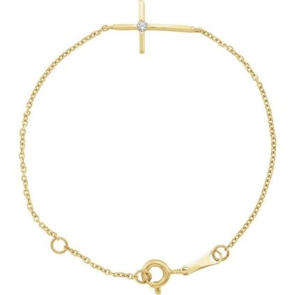 14k Yellow Imitation White Cubic Zirconia Sideways Youth Cross 5 1/2" Bracelet