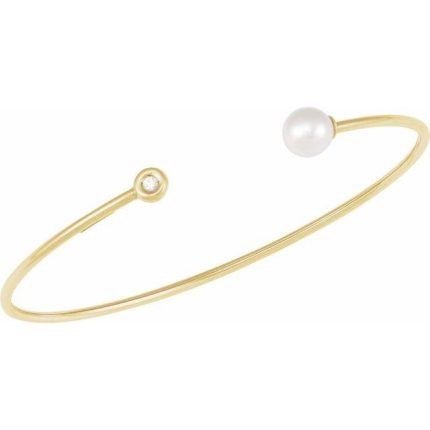 14K Yellow Cultured White Freshwater Pearl & .03 CT Natural Diamond Cuff 7" Bracelet