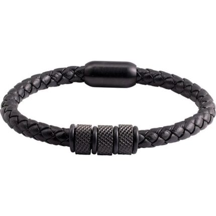 Black PVD Stainless Steel 6 mm Braided Leather 8" Bracelet