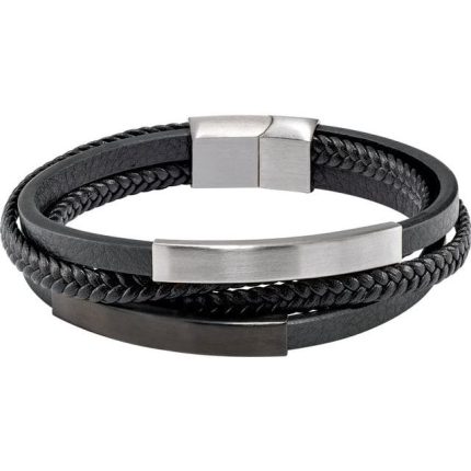 Stainless Steel 11 mm Black Leather Multi-Strand 8" Bracelet