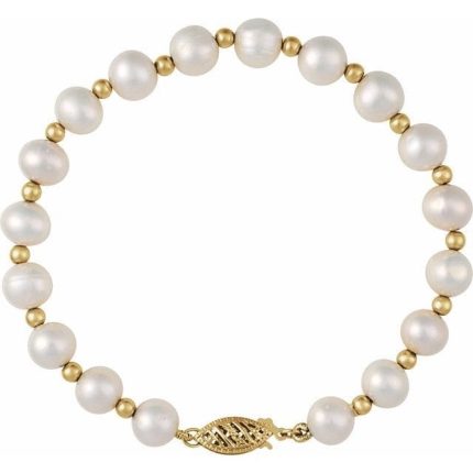 14K Yellow Cultured White Freshwater Pearl 7 1/4" Bracelet