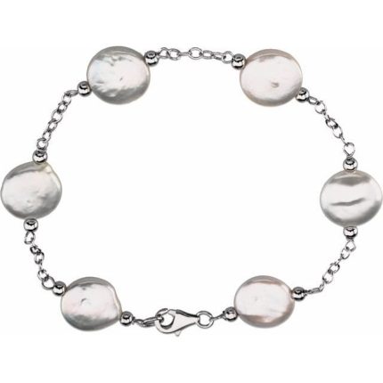 Sterling Silver 12-13 mm Cultured White Freshwater Pearl Coin 7" Bracelet