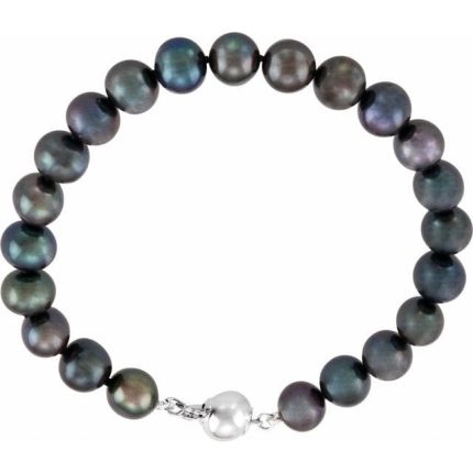 Sterling Silver Cultured Black Freshwater Pearl 7 3/4" Bracelet