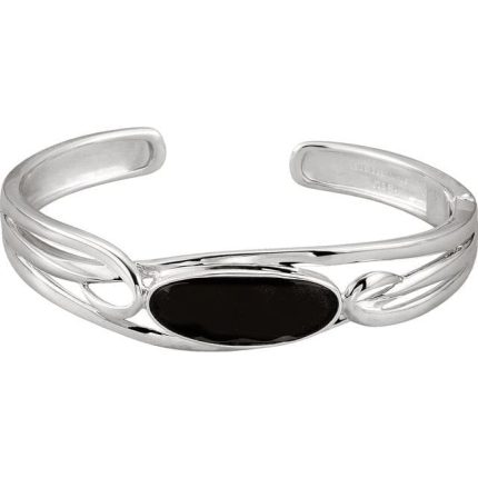 Sterling Silver Natural Black Onyx Hinged Cuff 6 1/2" Bracelet