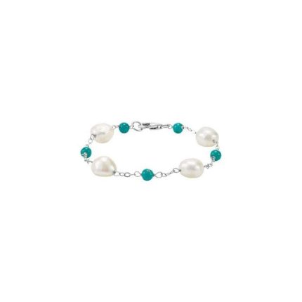 Sterling Silver Cultured White Freshwater Pearl & Natural Turquoise Station 7 1/2" Bracelet