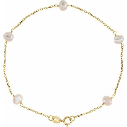 14K Yellow Cultured White Freshwater Pearl  5-Station 7" Bracelet