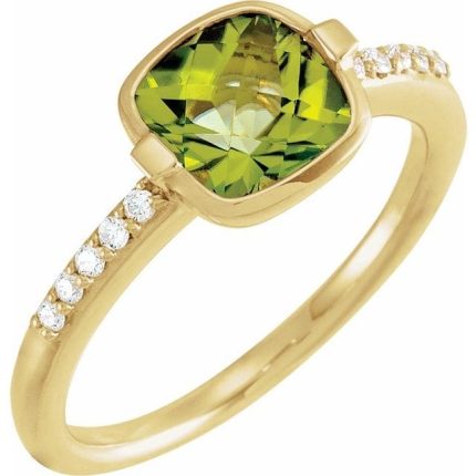 14K Yellow Checkerboard Natural Peridot & 1/10 CTW Natural Diamond Ring