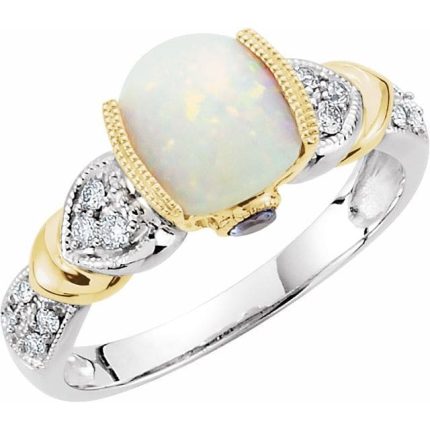 14K White/Yellow Natural White Opal, Natural Tanzanite & 1/6 CTW Natural Diamond Ring
