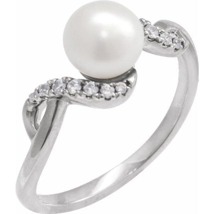 14K Yellow Cultured White Freshwater Pearl & 1/8 CTW Natural Diamond Ring