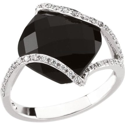 14K White Natural Black Onyx & 1/5 CTW Natural Diamond Ring
