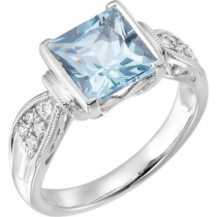 14K White Natural Aquamarine & 1/8 CTW Natural Diamond Ring