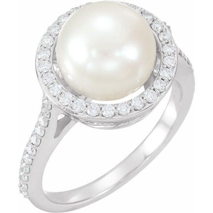 14K White Cultured White Freshwater Pearl & 3/8 CTW Natural Diamond Ring