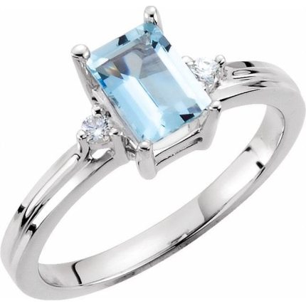 14K White Natural Aquamarine & .06 CTW Natural Diamond Ring