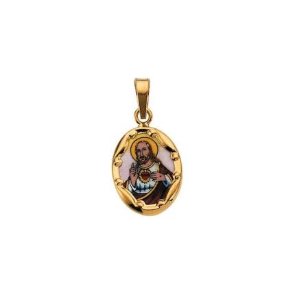 14K Yellow 25x19.5 mm Sacred Heart of Jesus Hand-Painted Porcelain Pendant