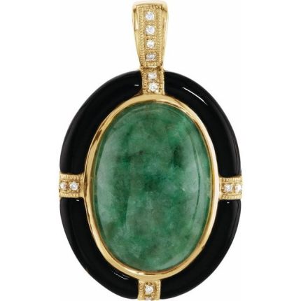 14K Yellow Natural Russian Jadeite, Natural Onyx & .05 CTW Natural Diamond Pendant