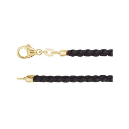 14K Yellow 3 mm Black Braided Leather 16" Cord