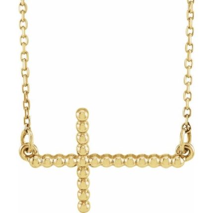 14K White 19.5x12.1 mm Sideways Beaded Cross 16.5" Necklace