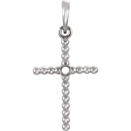 14K White 19.1x9.5 mm Beaded Cross Pendant Mounting for 1.5 mm Round