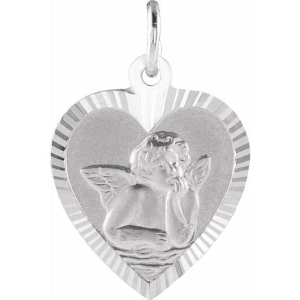 14K White 12x11 mm Heart Cherub Angel Medal