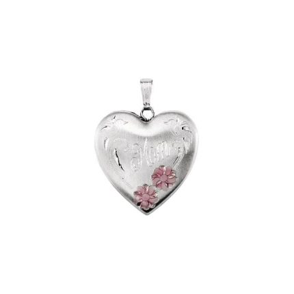 Sterling Silver 25.2x23.8 mm Mom Heart Locket with Enameled Flowers