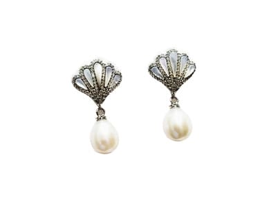925 Sterling Silver Shell-Designed Natural Pearl Earrings  0.96 Inches