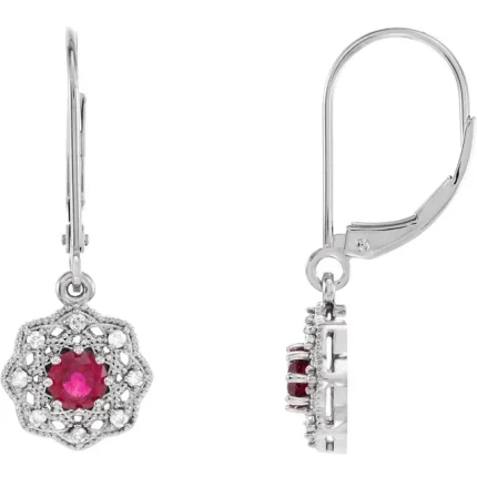 14K White Gold Natural Ruby & 1/10 CTW Natural Diamond Halo-Style Earrings