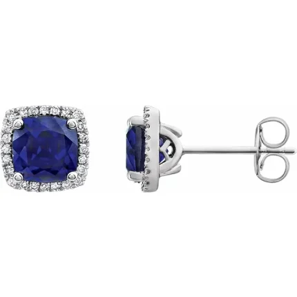 14K White Gold Lab-Grown Blue Sapphire & 1/8 CTW Natural Diamond Earrings