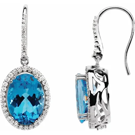 14K White Gold Natural Swiss Blue Topaz & 7/8 CTW Diamond Earrings