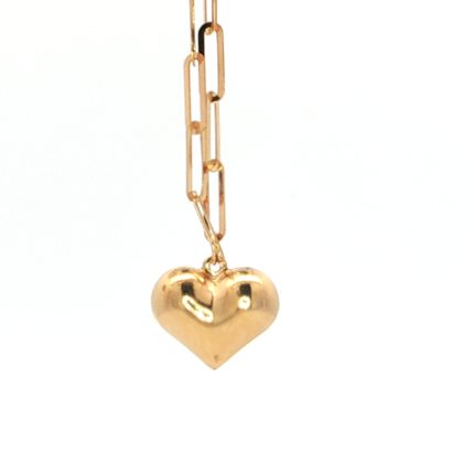 18k Yellow-Gold Puffed Heart Charm Paperclip Necklace