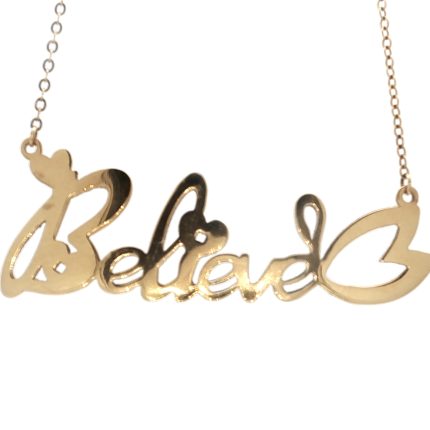 22k Yellow-Gold "Believe" Script Necklace with Heart Detail
